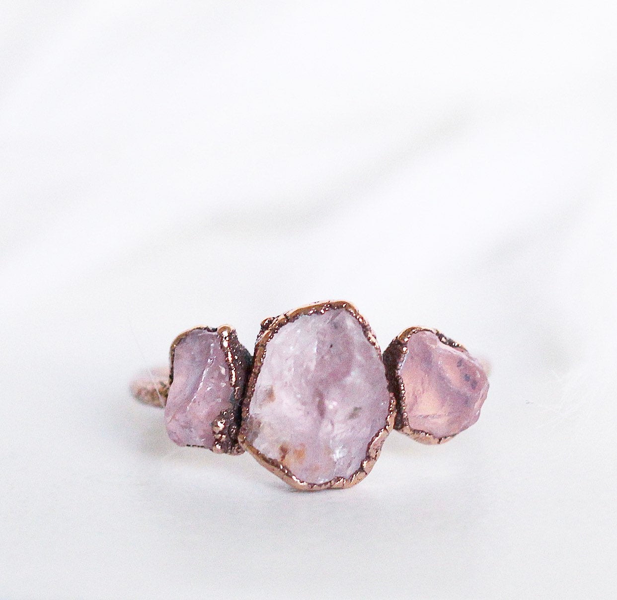 Three Stone Raw Rose Quartz Ring