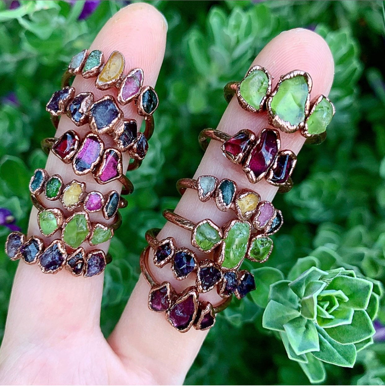 Raw Peridot 3 Stone Stacking Ring show as worn with other available stacking rings