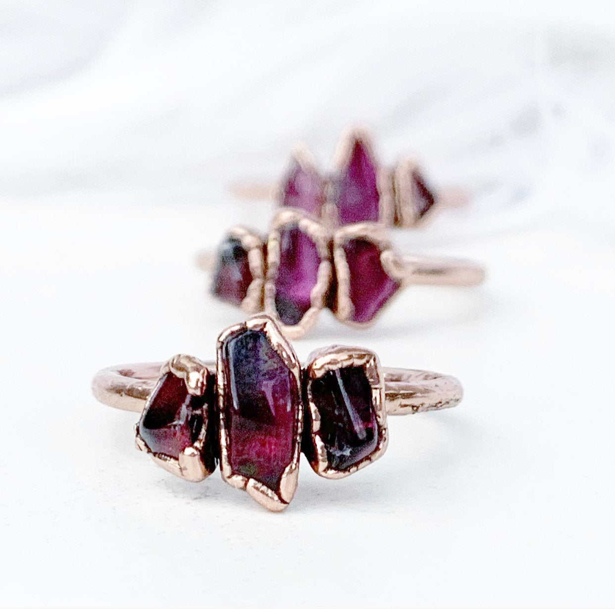 3 Stone Raw Garnet Copper Ring