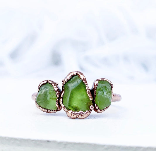 Three Stone Peridot Copper Ring