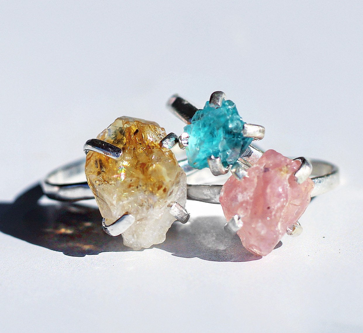 Sterling Silver Raw Rose Quartz Claw Ring with Other Available Gemstones