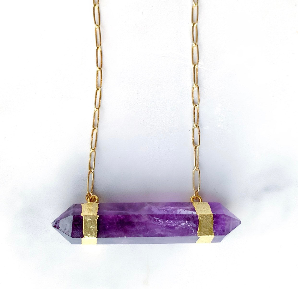Double Terminated Amethyst Bar Necklace, Gold, Silver