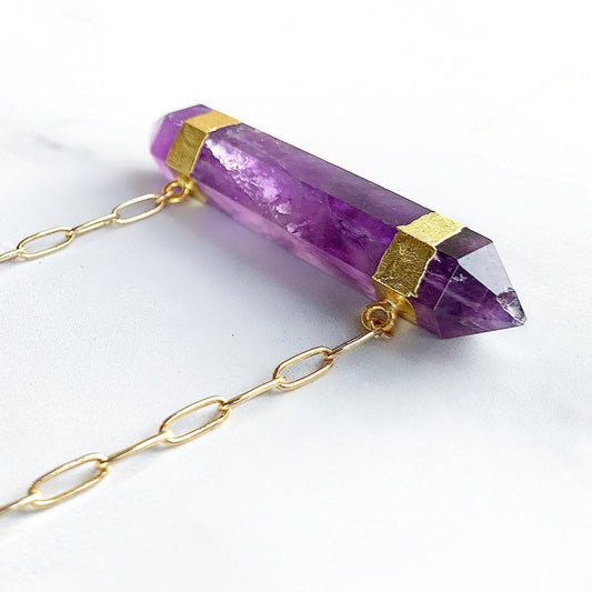 Double Terminated Amethyst Bar Necklace, Gold, Silver