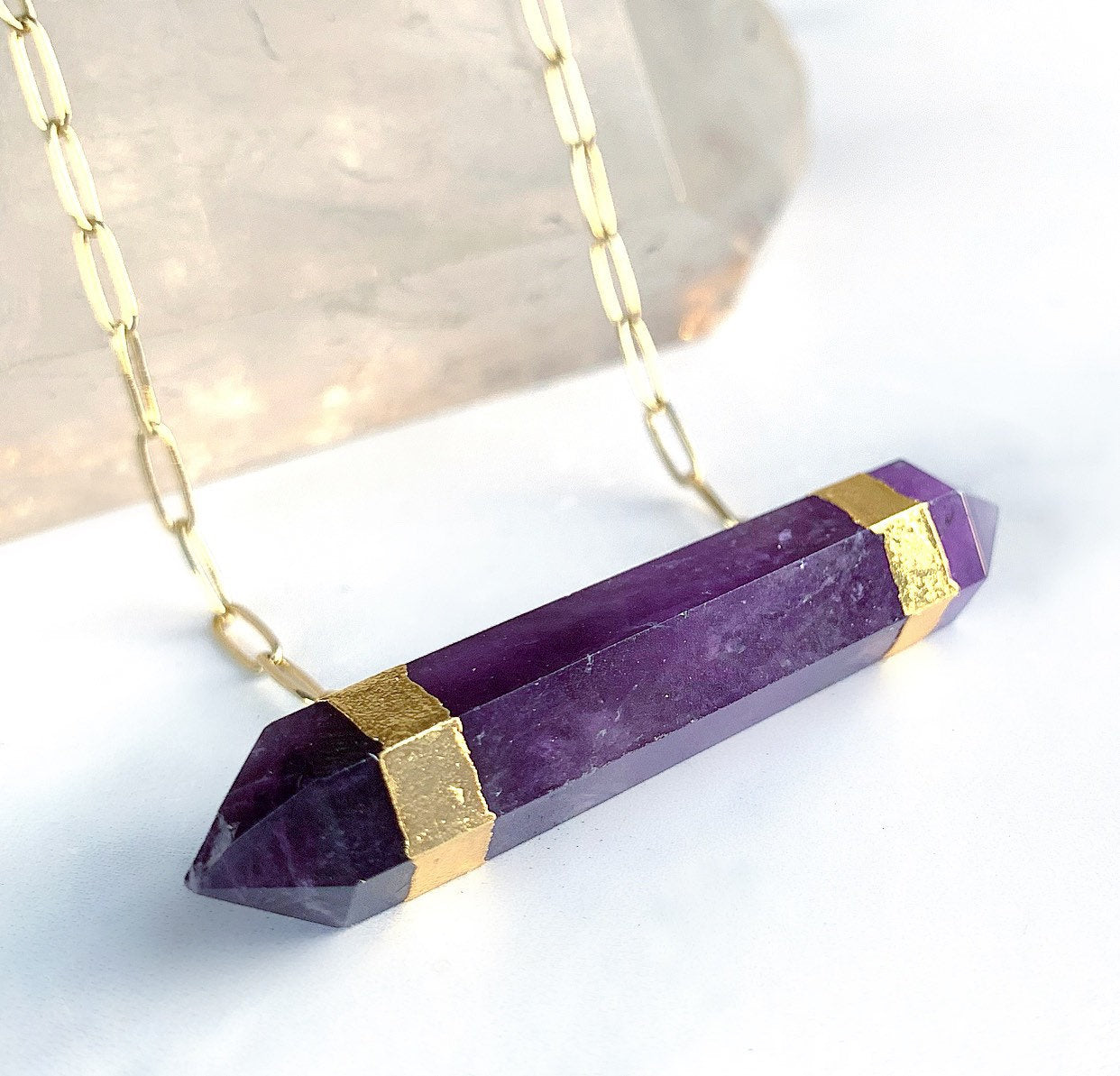 Double Terminated Amethyst Bar Necklace, Gold, Silver