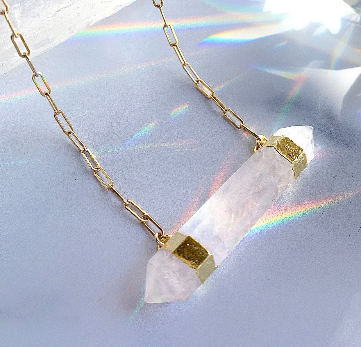 Double Terminated Rose Quartz Bar Necklace, Gold, Silver