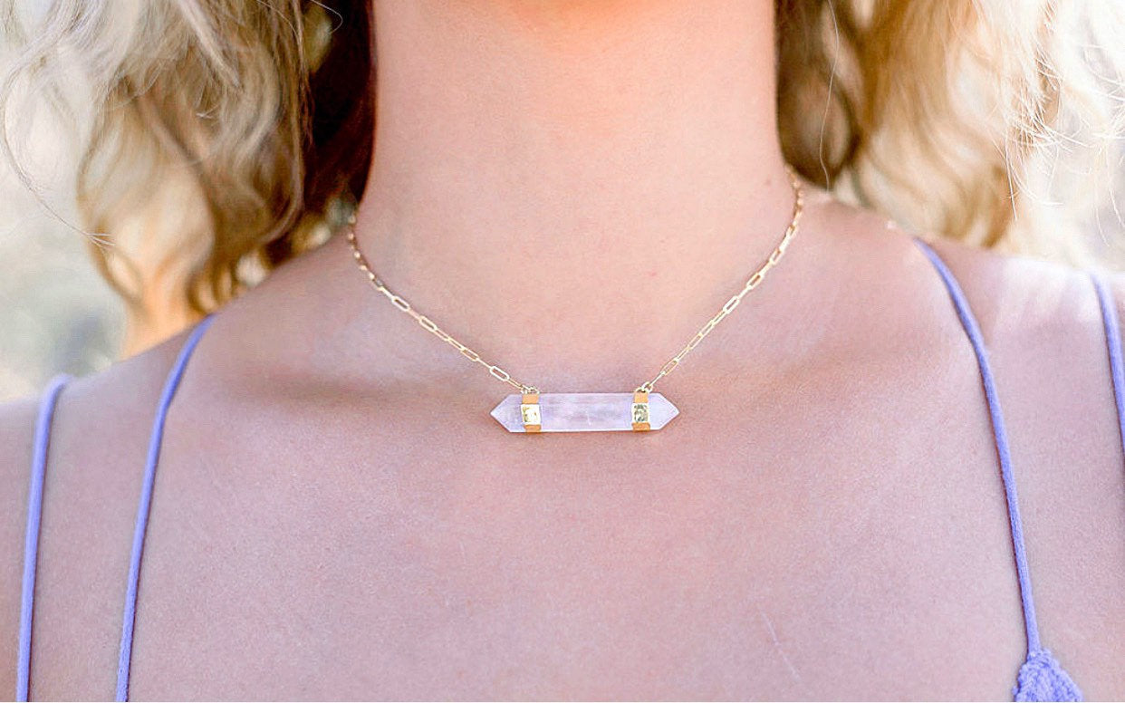 Double Terminated Rose Quartz Bar Necklace, Gold, Silver
