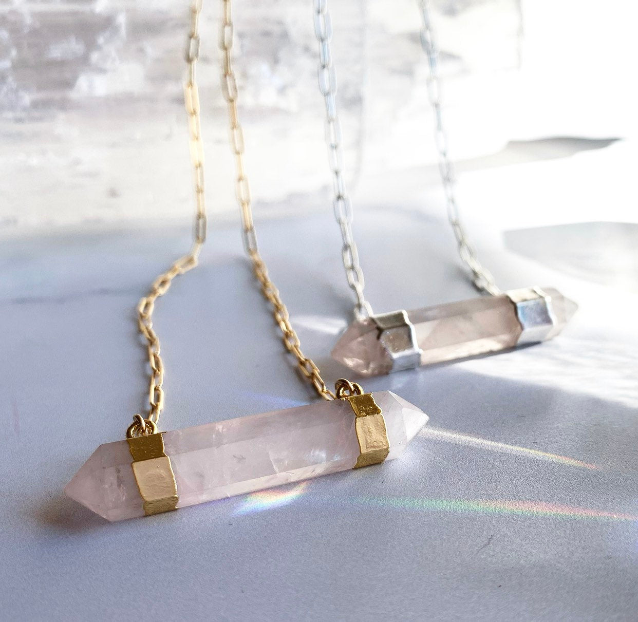 Double Terminated Rose Quartz Bar Necklace, Gold, Silver
