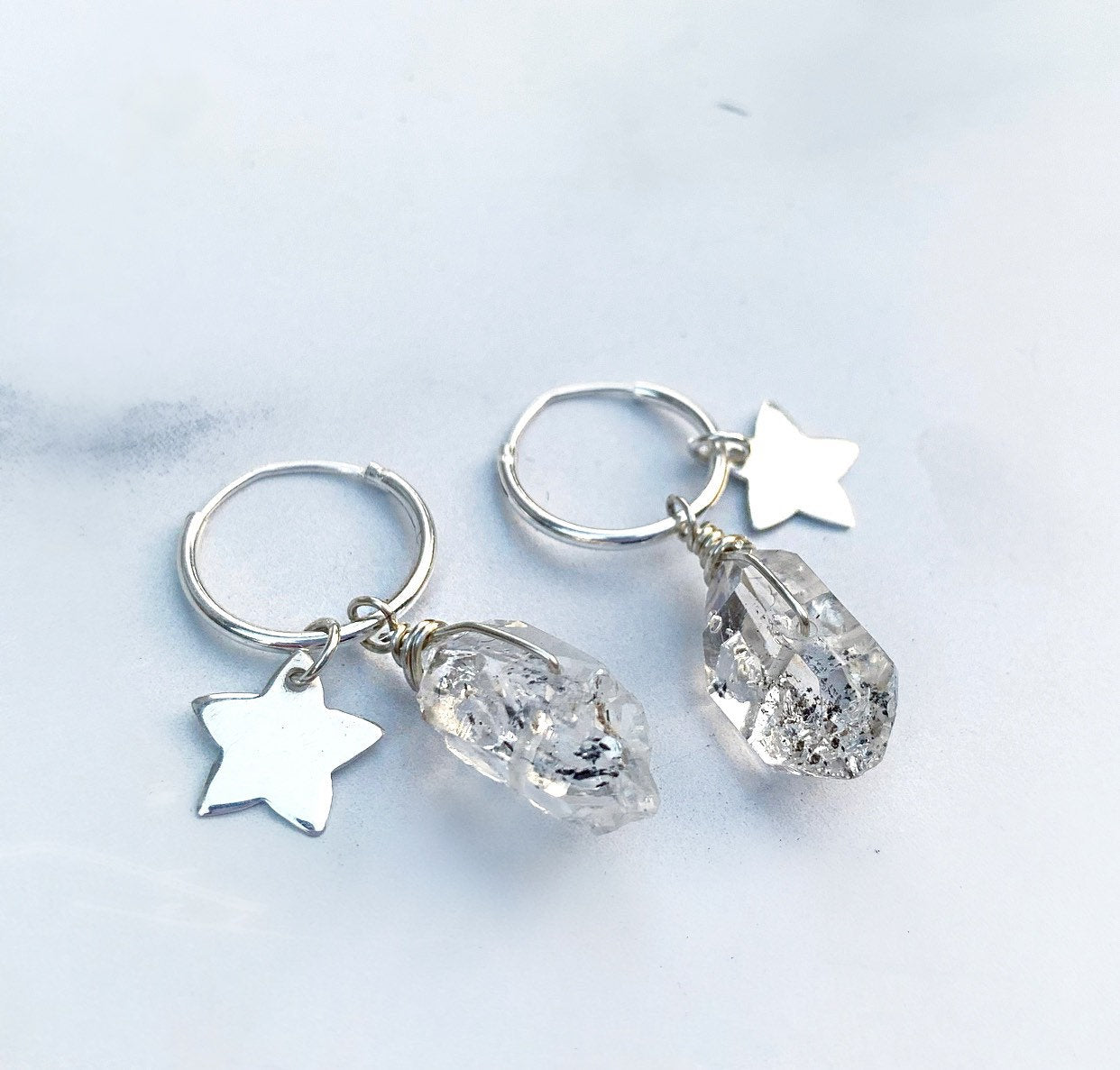 Herkimer Diamond Huggie Hoops, Celestial Ear Huggies, Gold Huggie Charm Earrings, Sterling Silver Herkimer Diamond Hoops, Star Charm Earring