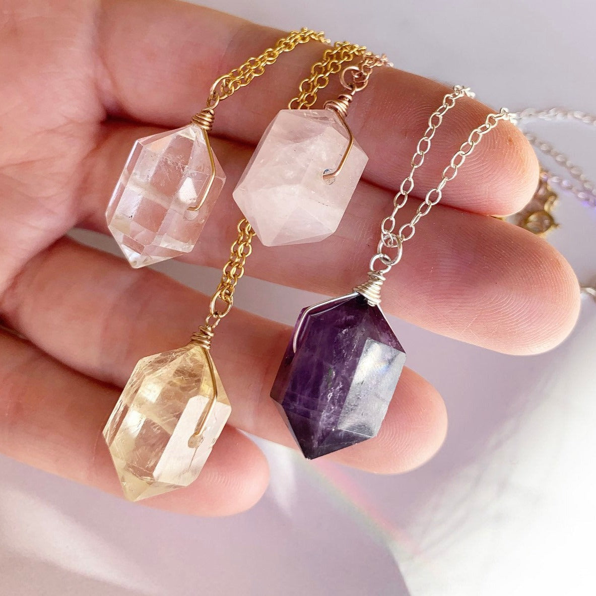 Double Terminated Crystal Necklace, Crystal Nugget Necklace, Healing Citrine Point Necklace, Amethyst Point Pendant, Rose Quartz Nugget