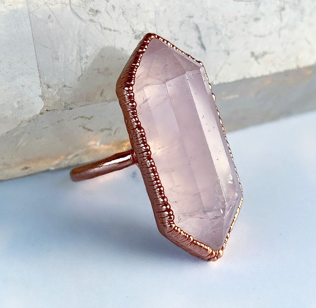Raw Rose Quartz Statement Ring, Double Terminated Rose Quartz Ring, Rose Quartz Crystal Cocktail Ring, Large Polished Rose Quartz Ring