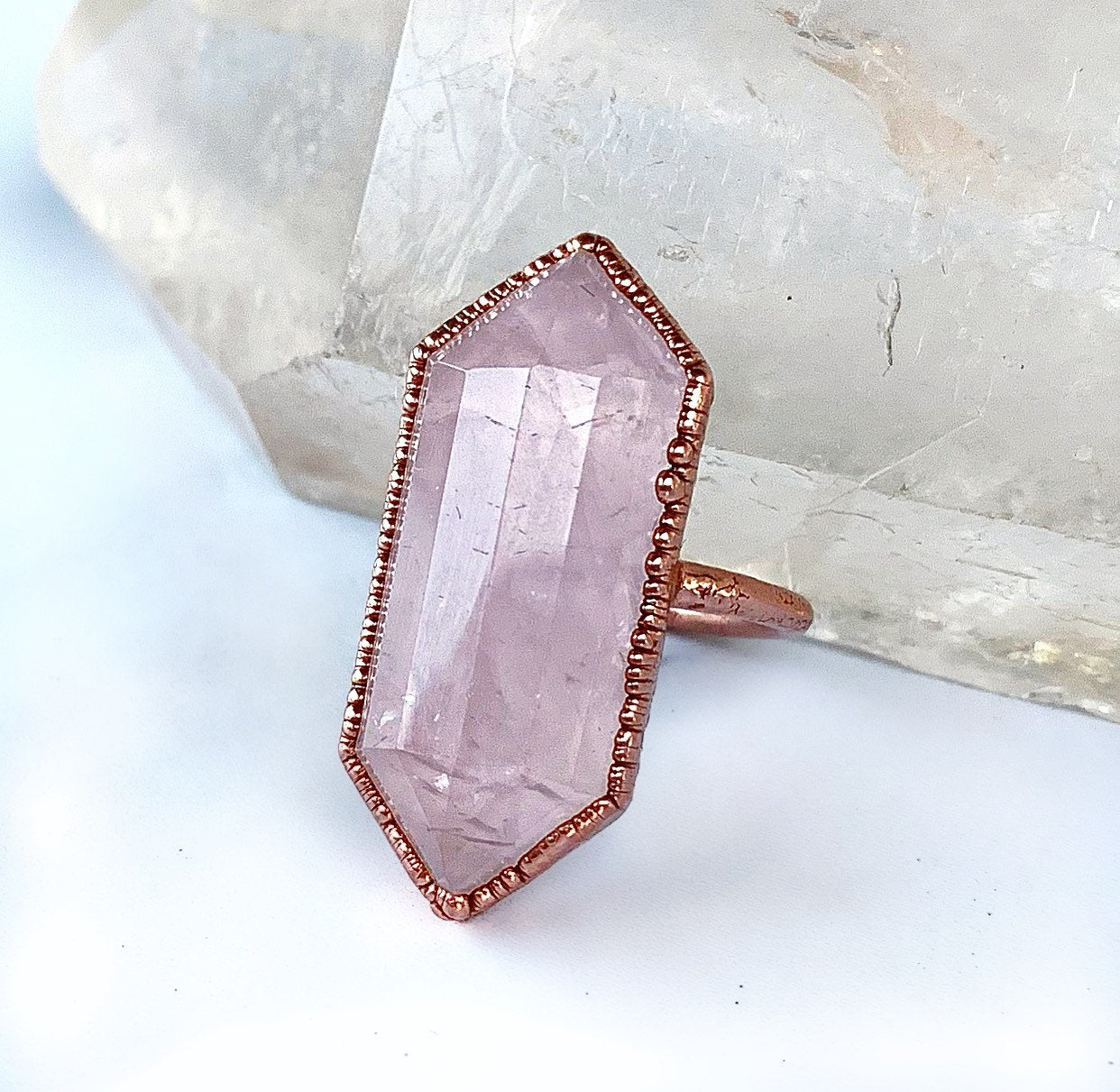 Raw Rose Quartz Statement Ring, Double Terminated Rose Quartz Ring, Rose Quartz Crystal Cocktail Ring, Large Polished Rose Quartz Ring