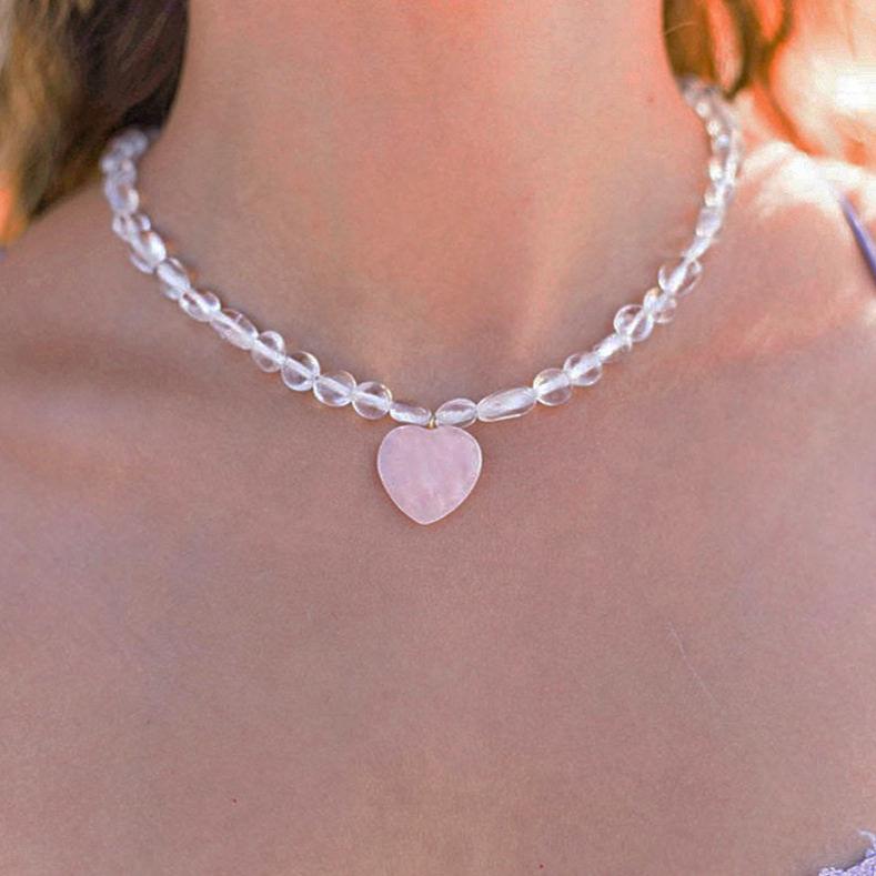 Rose Quartz Heart Choker, Beaded Crystal Choker, Rose Quartz Bead Necklace, Gemstone Heart Necklace, Crystal Quartz Bead Choker