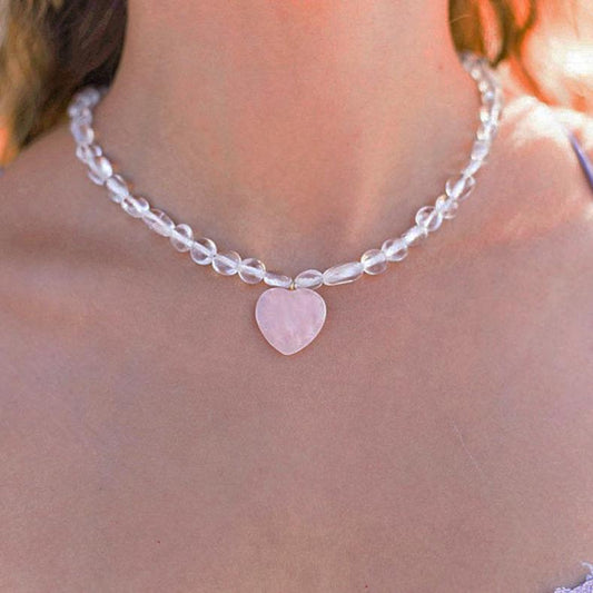 Rose Quartz Heart Choker, Beaded Crystal Choker, Rose Quartz Bead Necklace, Gemstone Heart Necklace, Crystal Quartz Bead Choker