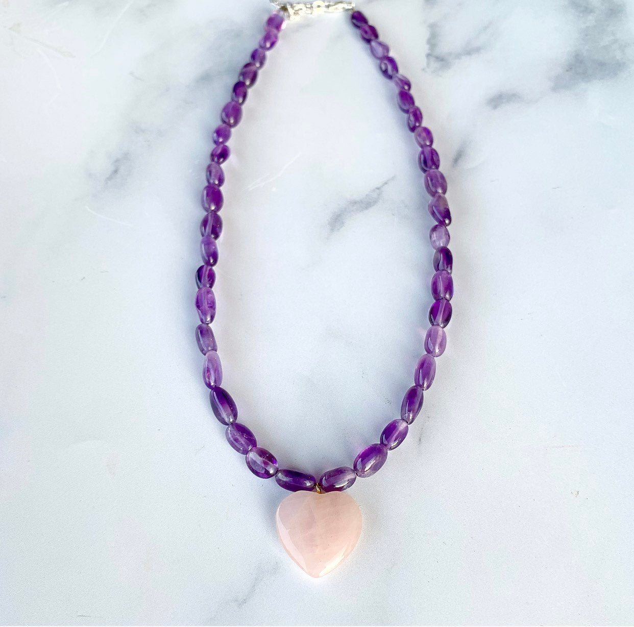 Rose Quartz Heart Choker, Beaded Crystal Choker, Rose Quartz Bead Necklace, Gemstone Heart Necklace, Crystal Quartz Bead Choker