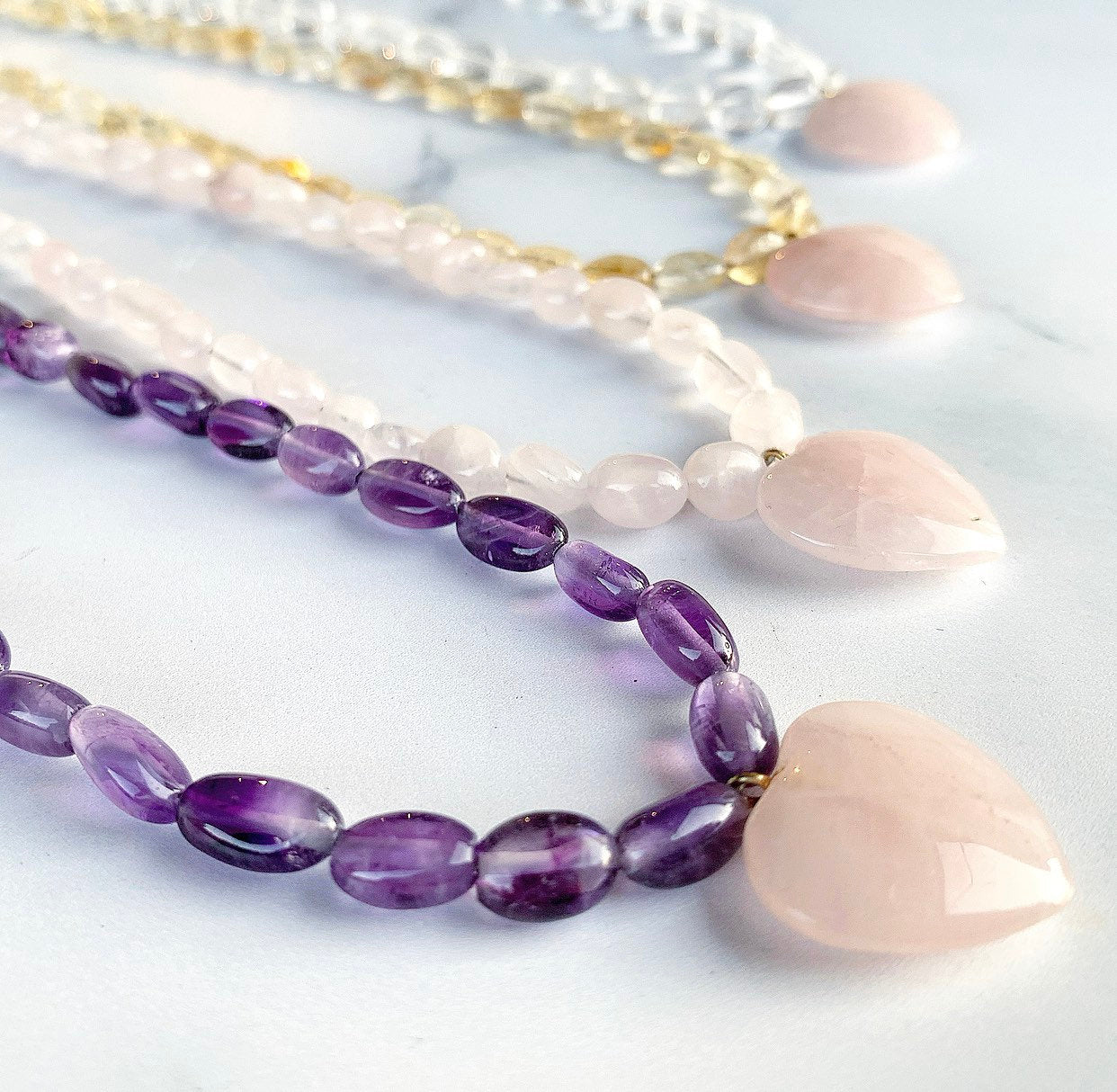 Rose Quartz Heart Choker, Beaded Crystal Choker, Rose Quartz Bead Necklace, Gemstone Heart Necklace, Crystal Quartz Bead Choker