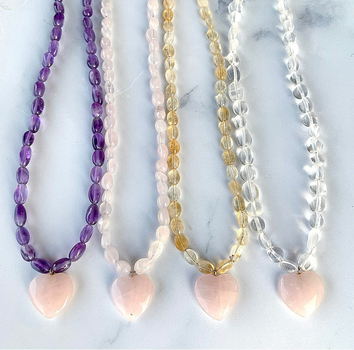 Rose Quartz Heart Choker, Beaded Crystal Choker, Rose Quartz Bead Necklace, Gemstone Heart Necklace, Crystal Quartz Bead Choker