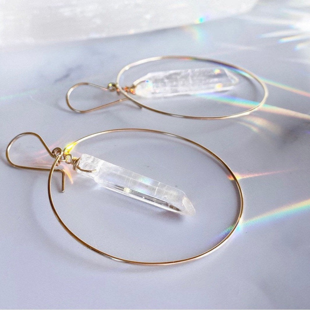 Crystal Quartz Earrings, Gold Boho Hoops, Crystal Earrings, Healing Crystal Earrings, Crystal Hoop Earrings, Quartz Hoops, Gift for Her