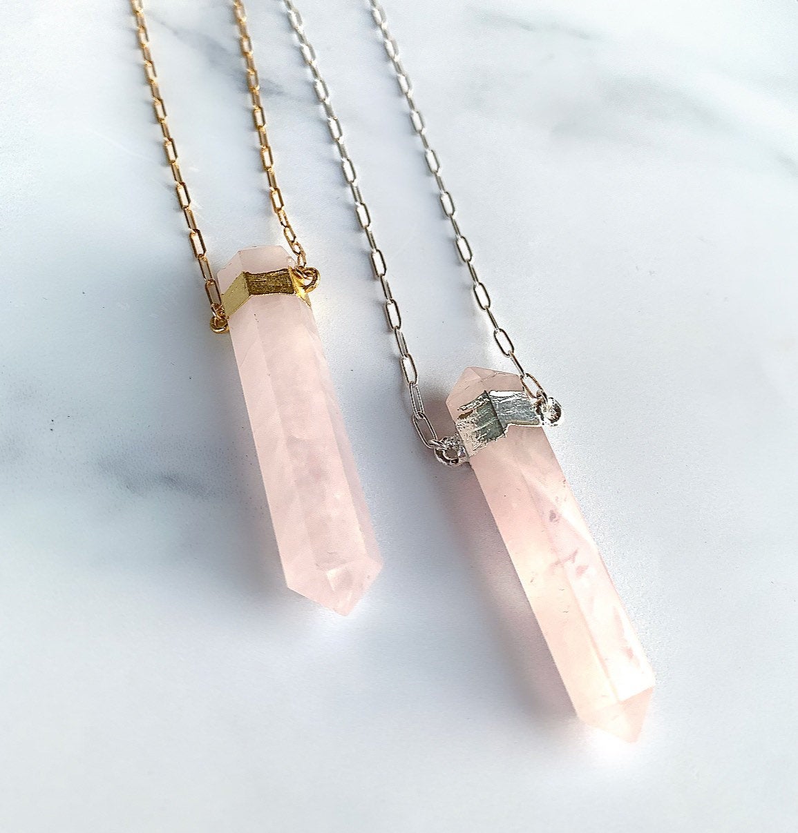Chunky Rose Quartz Point Necklace, Rose Quartz Paperclip Chain Necklace, Double Terminated Rose Quartz Necklace, Sterling Silver Crystal