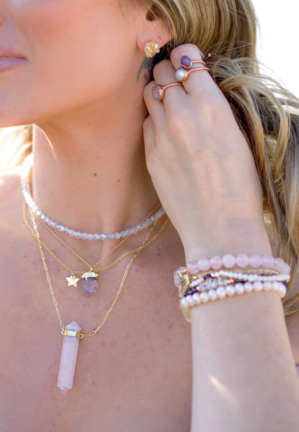 Chunky Rose Quartz Point Necklace, Rose Quartz Paperclip Chain Necklace, Double Terminated Rose Quartz Necklace, Sterling Silver Crystal