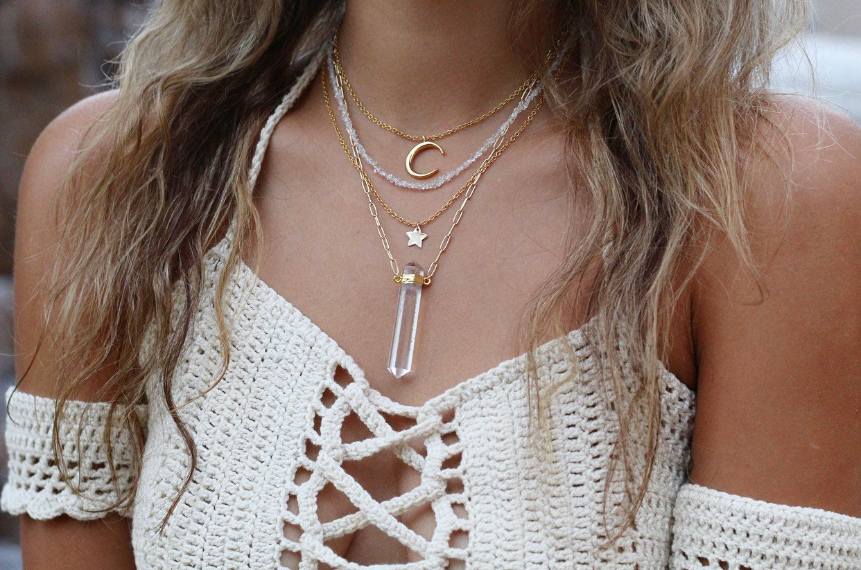 Chunky Crystal Quartz Point Necklace, Double Terminated Crystal Necklace, Clear Quartz Point Pendant, Crystal Necklace 14k Gold Chain