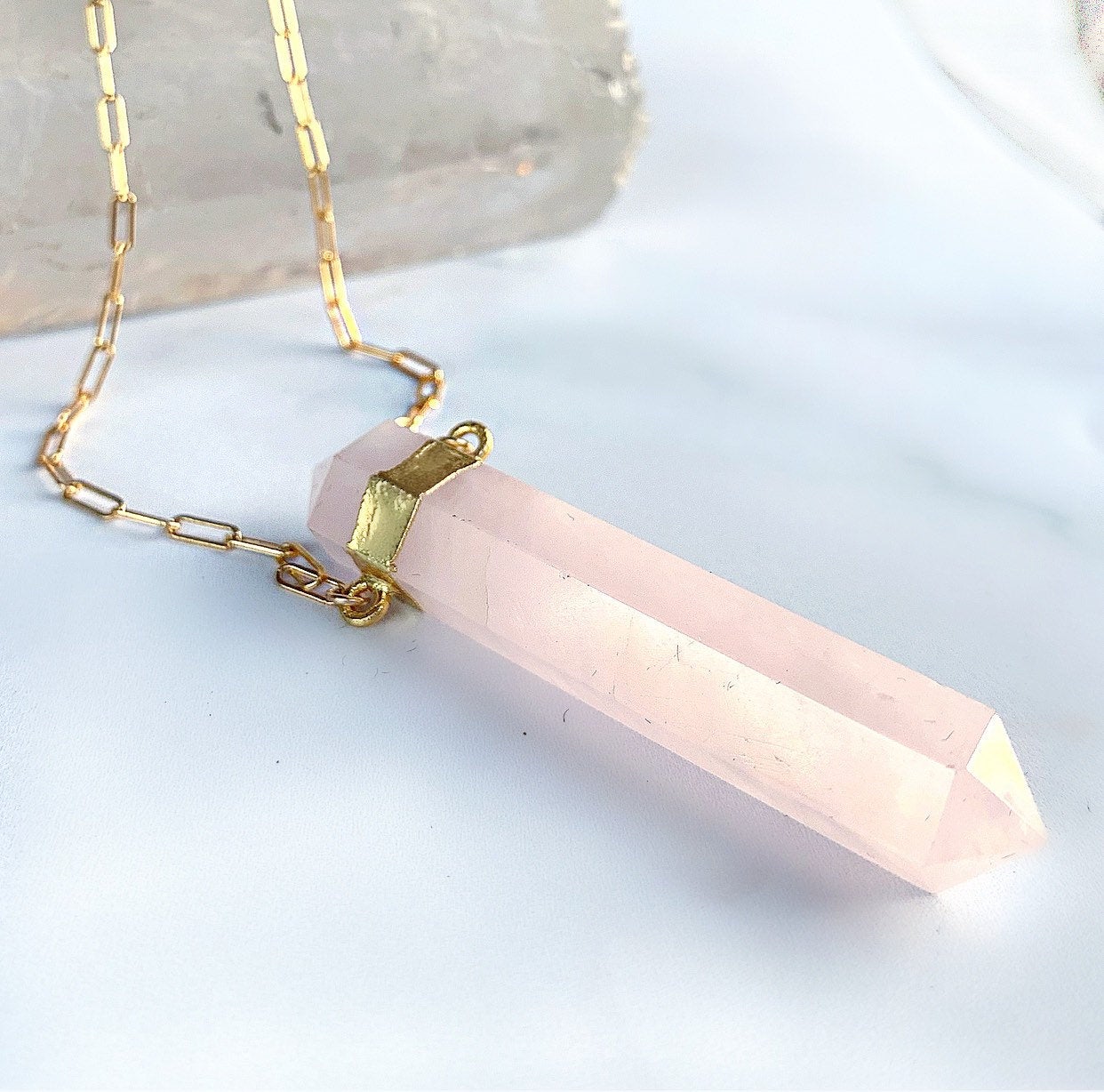 Chunky Rose Quartz Point Necklace, Rose Quartz Paperclip Chain Necklace, Double Terminated Rose Quartz Necklace, Sterling Silver Crystal