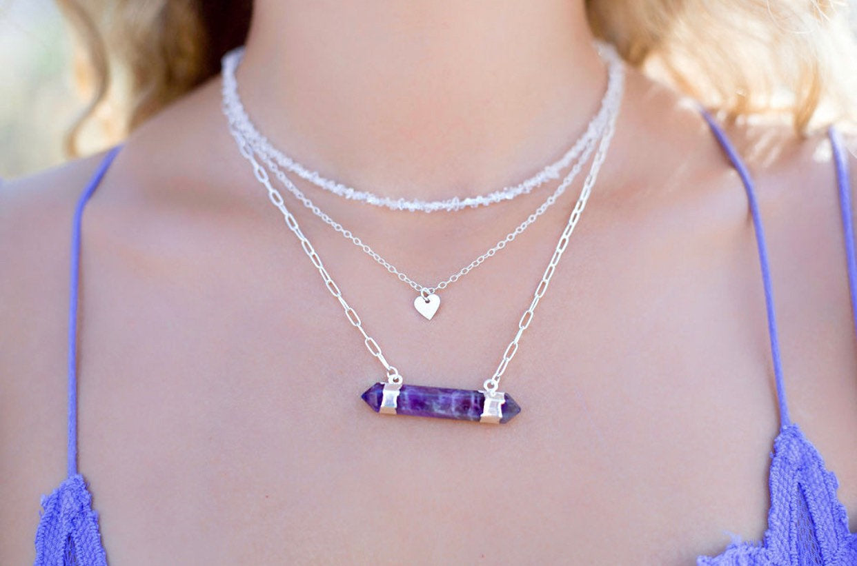 Double Terminated Amethyst Bar Necklace, Gold, Silver