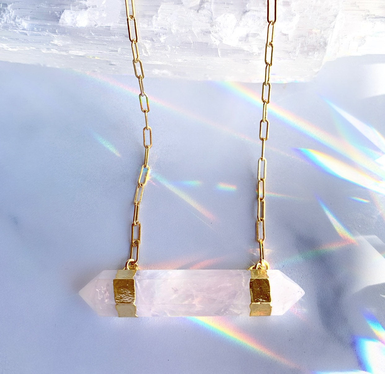 Double Terminated Rose Quartz Bar Necklace, Gold, Silver