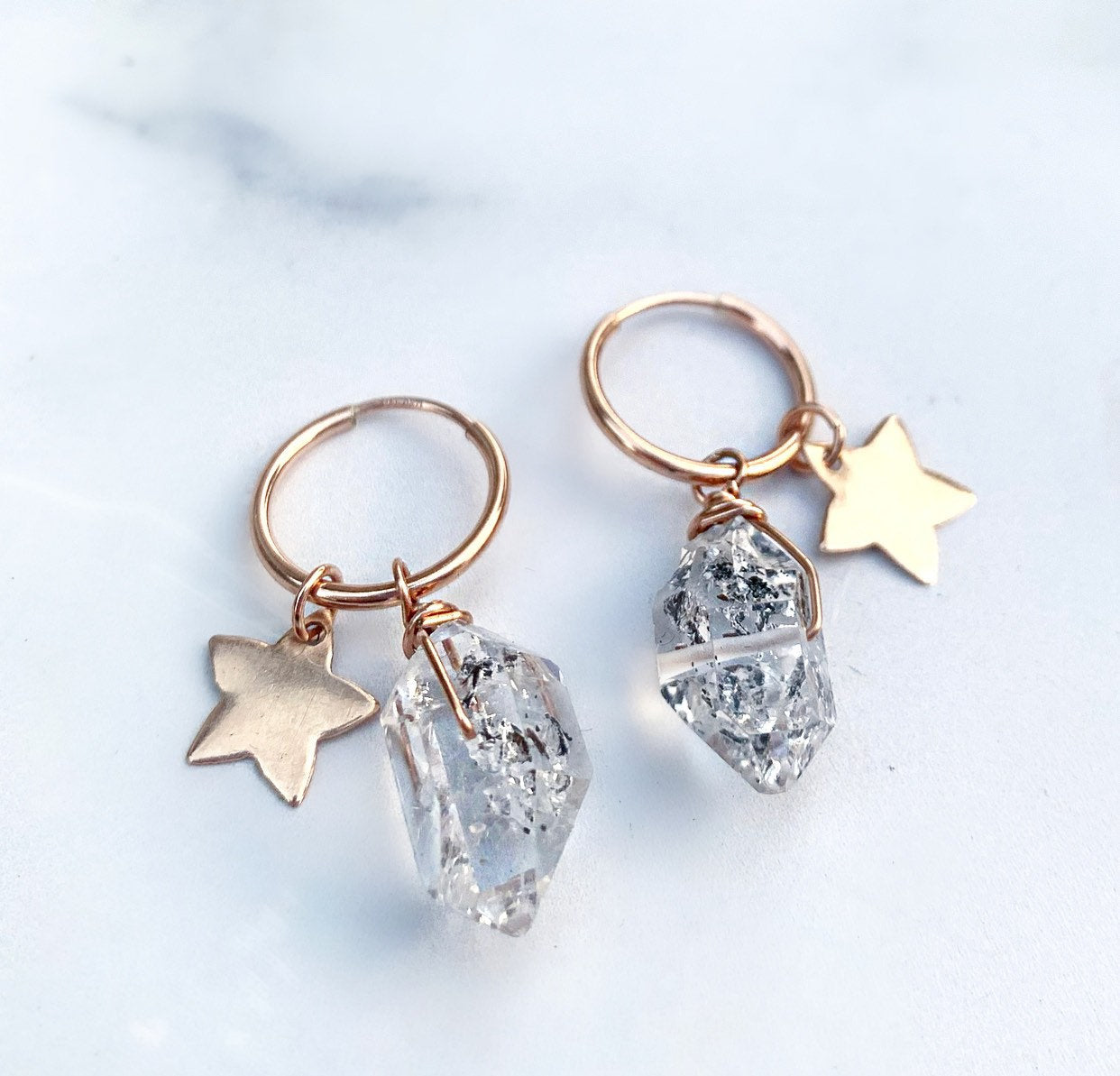 Herkimer Diamond Huggie Hoops, Celestial Ear Huggies, Gold Huggie Charm Earrings, Sterling Silver Herkimer Diamond Hoops, Star Charm Earring