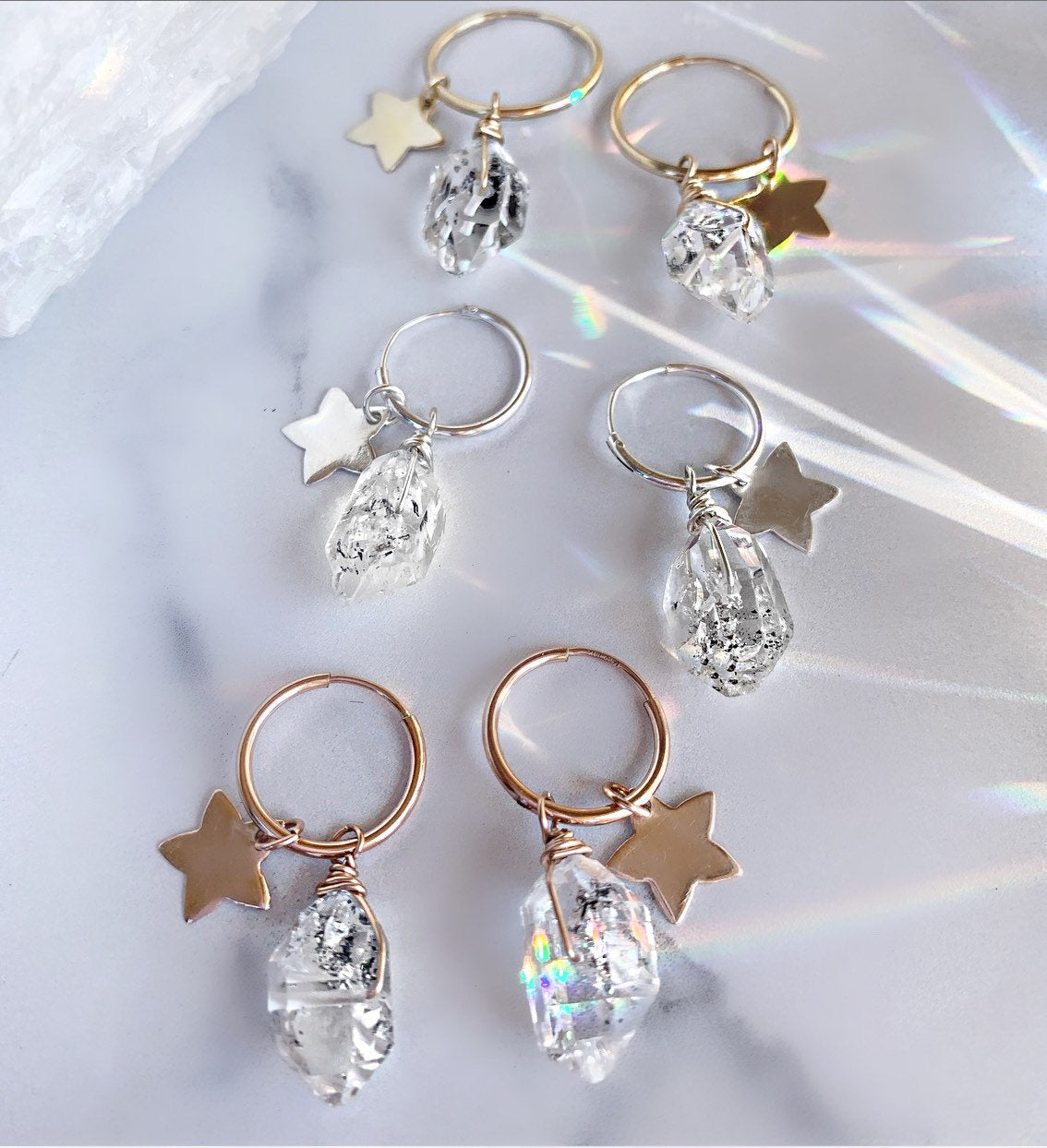 Herkimer Diamond Huggie Hoops, Celestial Ear Huggies, Gold Huggie Charm Earrings, Sterling Silver Herkimer Diamond Hoops, Star Charm Earring