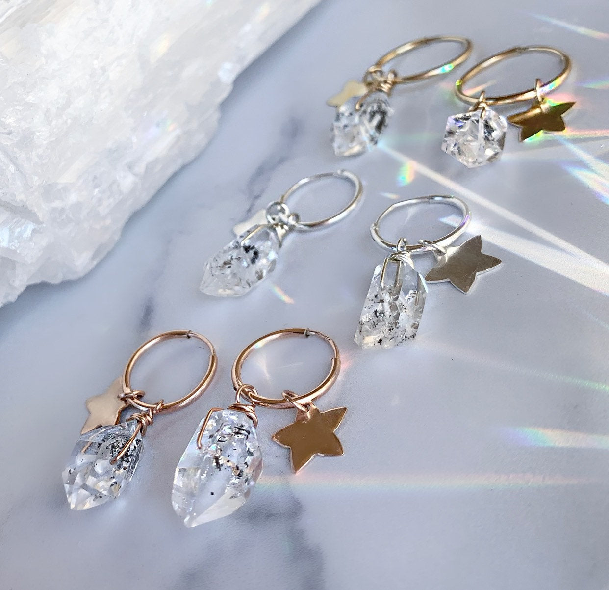 Herkimer Diamond Huggie Hoops, Celestial Ear Huggies, Gold Huggie Charm Earrings, Sterling Silver Herkimer Diamond Hoops, Star Charm Earring