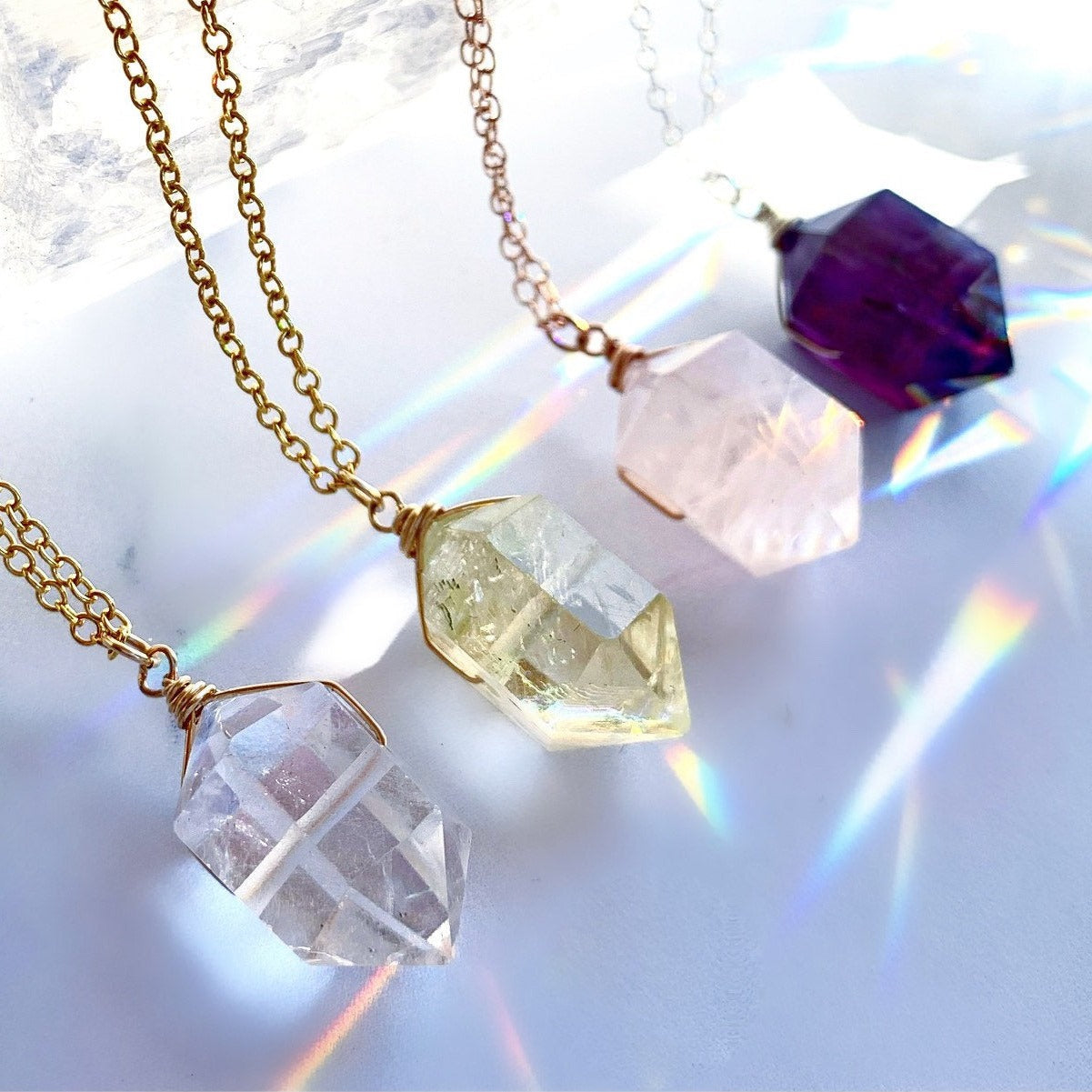 Double Terminated Crystal Necklace, Crystal Nugget Necklace, Healing Citrine Point Necklace, Amethyst Point Pendant, Rose Quartz Nugget