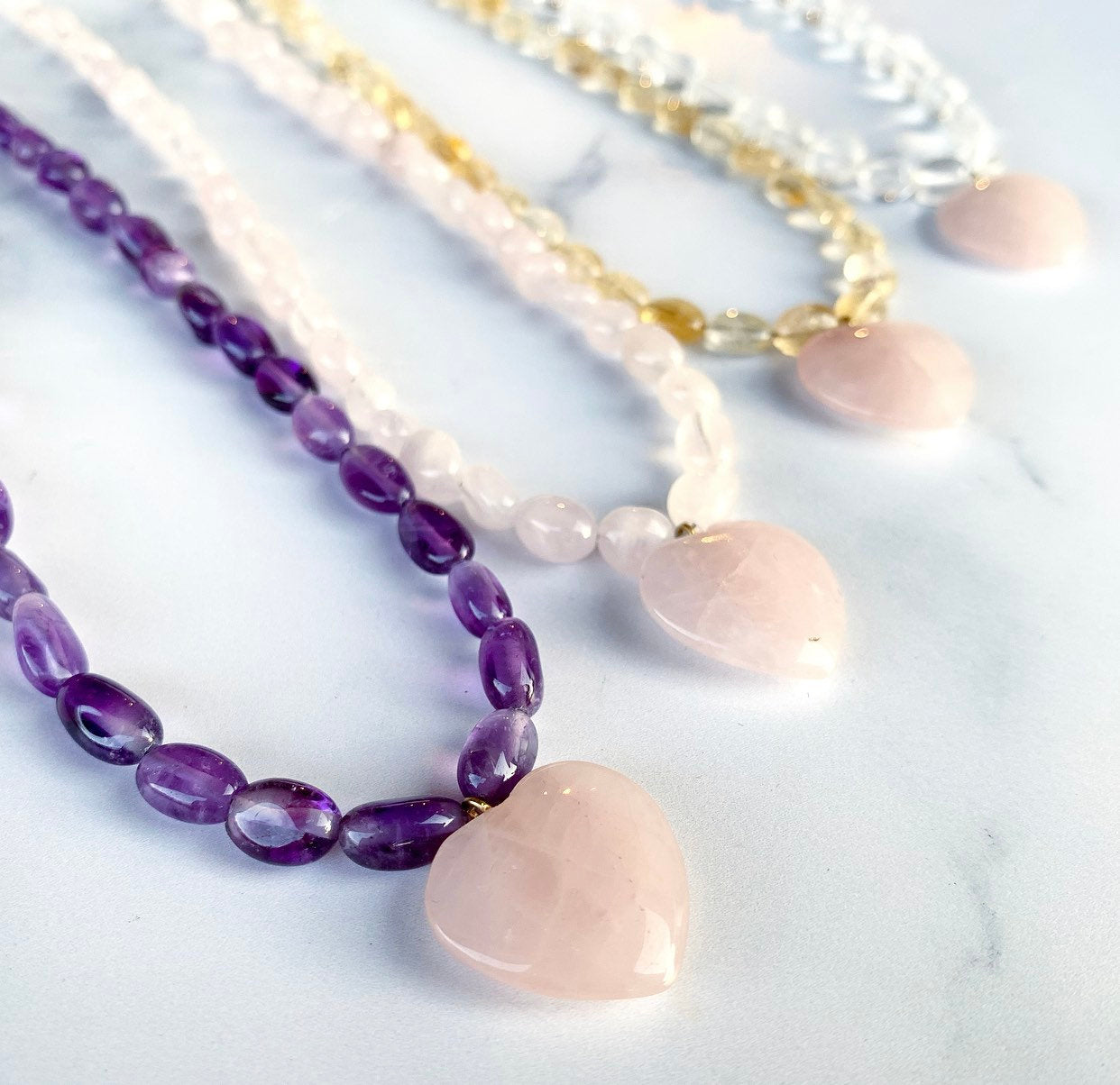 Rose Quartz Heart Choker, Beaded Crystal Choker, Rose Quartz Bead Necklace, Gemstone Heart Necklace, Crystal Quartz Bead Choker