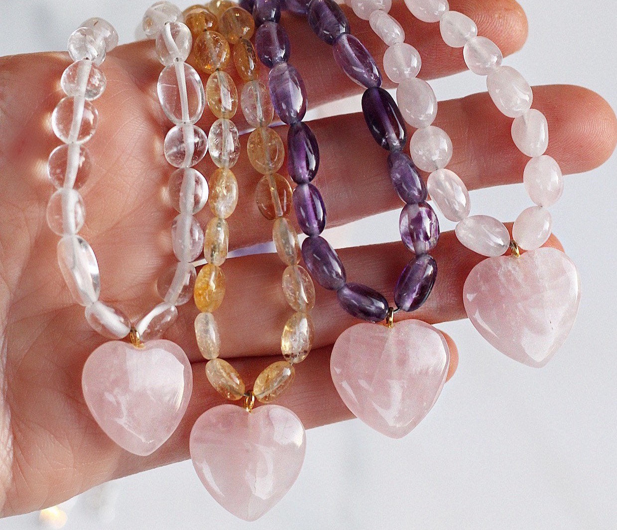 Rose Quartz Heart Choker, Beaded Crystal Choker, Rose Quartz Bead Necklace, Gemstone Heart Necklace, Crystal Quartz Bead Choker