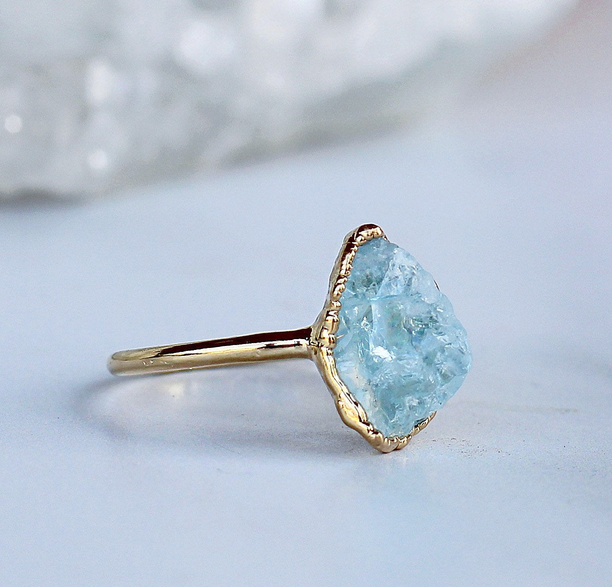 Rough Aquamarine Ring Gold, March Birthstone Ring Gold Band, March Raw Gemstone Ring, Raw Aquamarine Stone Ring, March Birthday Gift for Her