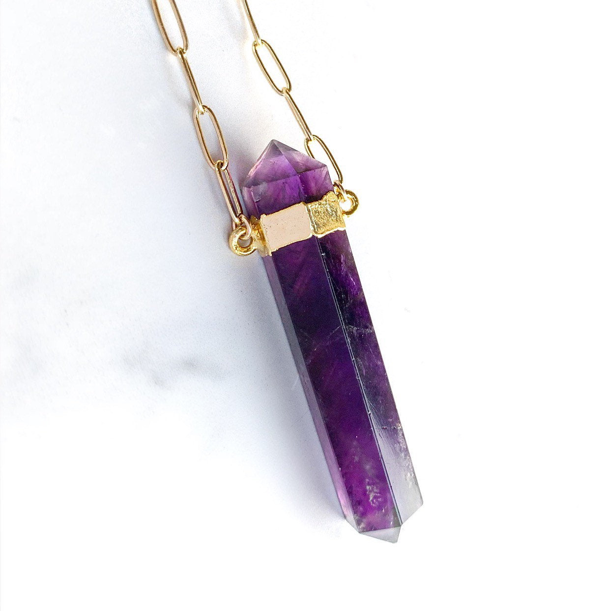 Amethyst Point Crystal Necklace, Chunky Amethyst Point Necklace, Double Terminated Amethyst Necklace, Amethyst Necklace Gold