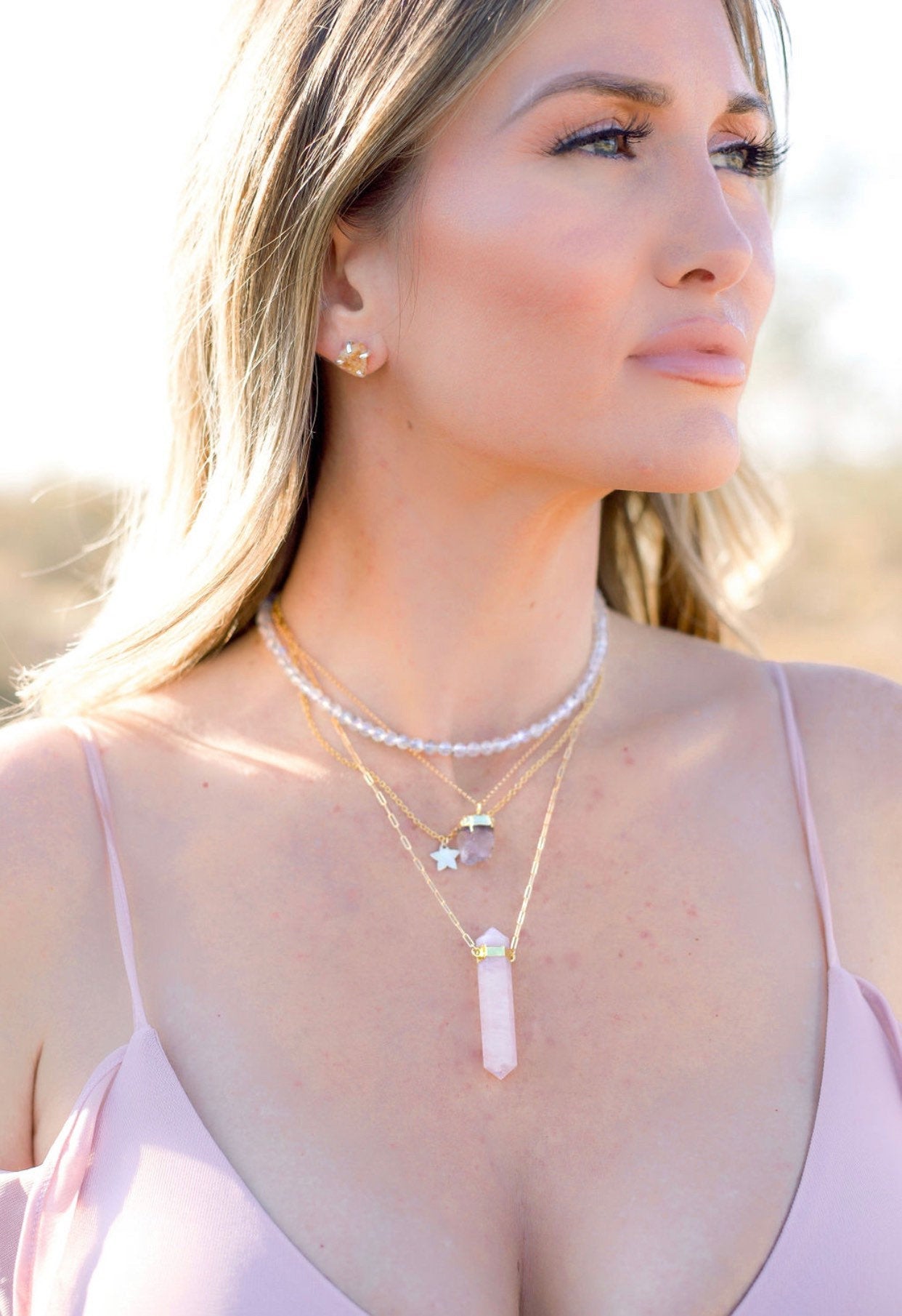 Chunky Rose Quartz Point Necklace, Rose Quartz Paperclip Chain Necklace, Double Terminated Rose Quartz Necklace, Sterling Silver Crystal