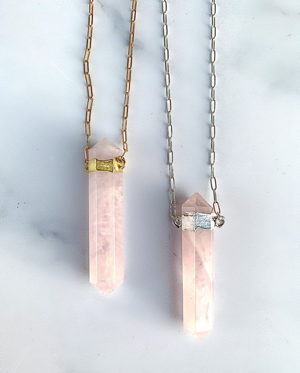 Chunky Rose Quartz Point Necklace, Rose Quartz Paperclip Chain Necklace, Double Terminated Rose Quartz Necklace, Sterling Silver Crystal