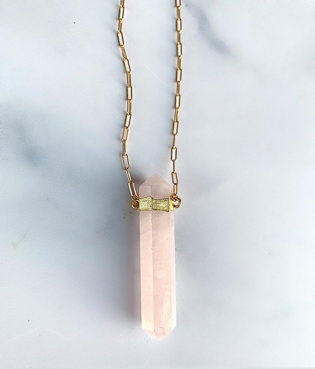 Chunky Rose Quartz Point Necklace, Rose Quartz Paperclip Chain Necklace, Double Terminated Rose Quartz Necklace, Sterling Silver Crystal
