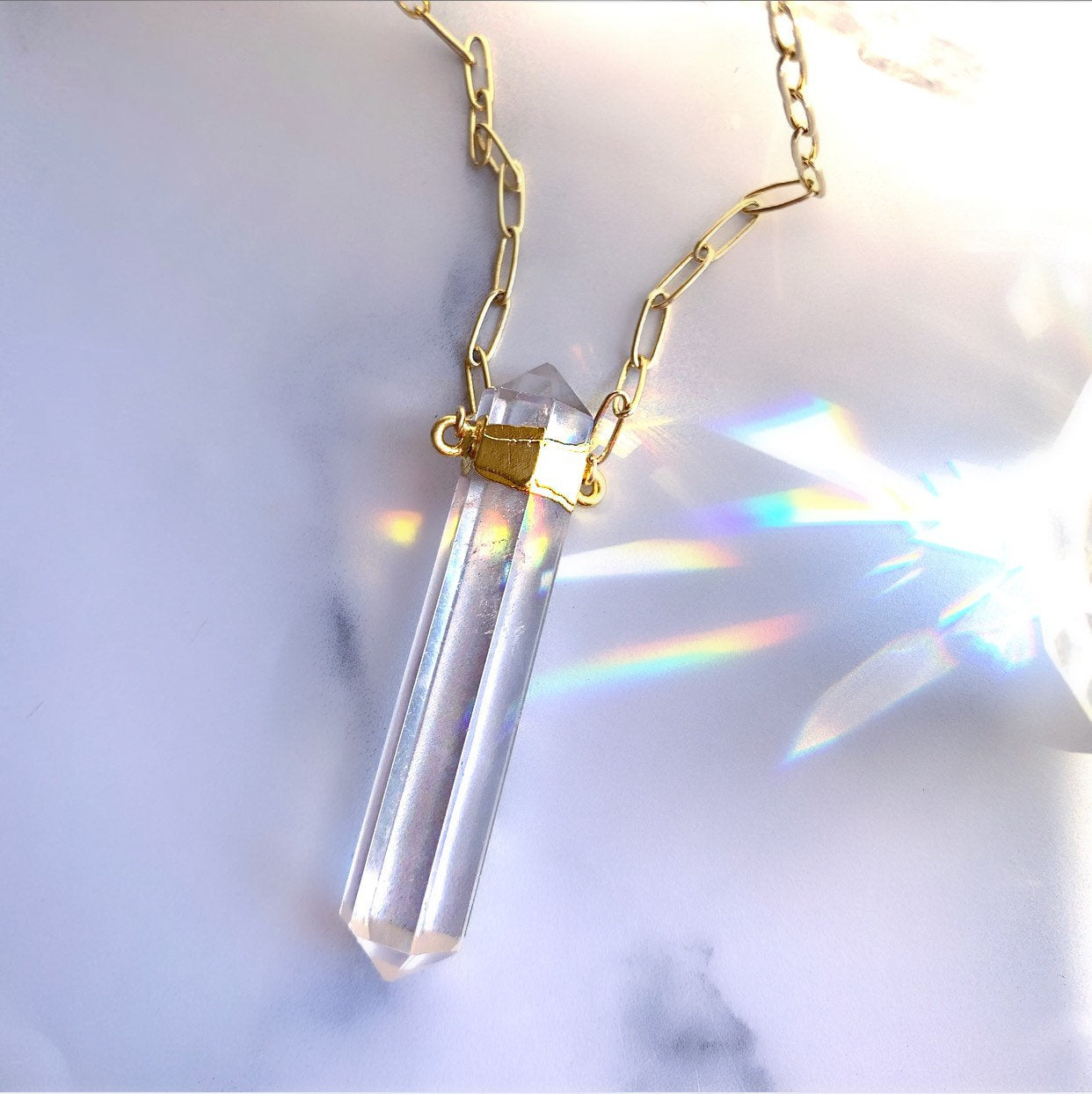 Chunky Crystal Quartz Point Necklace, Double Terminated Crystal Necklace, Clear Quartz Point Pendant, Crystal Necklace 14k Gold Chain