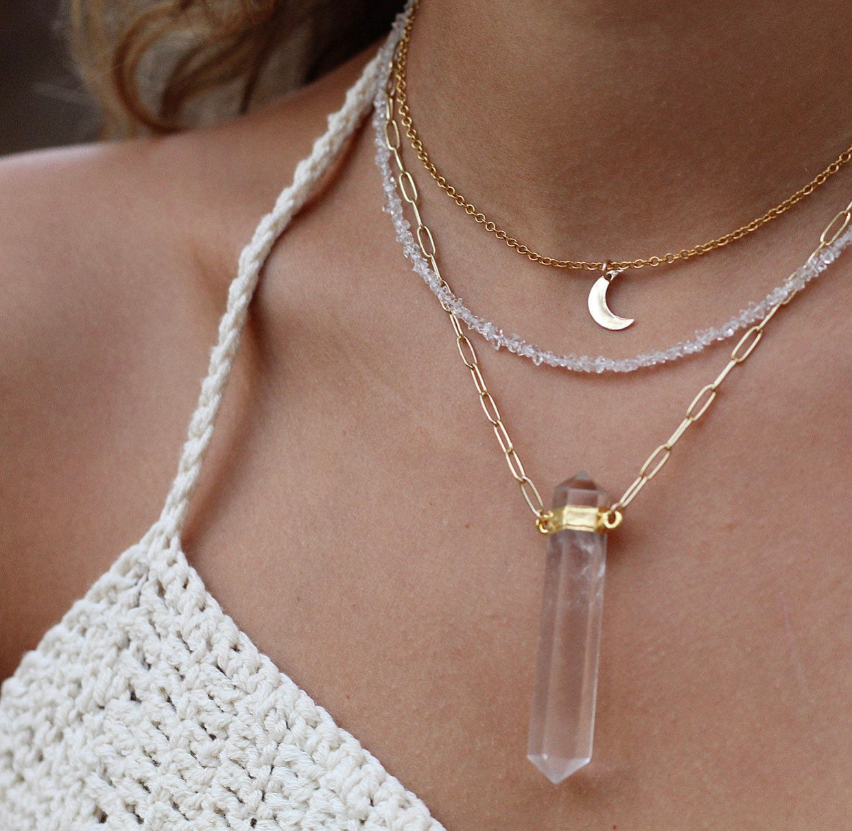 Chunky Crystal Quartz Point Necklace, Double Terminated Crystal Necklace, Clear Quartz Point Pendant, Crystal Necklace 14k Gold Chain