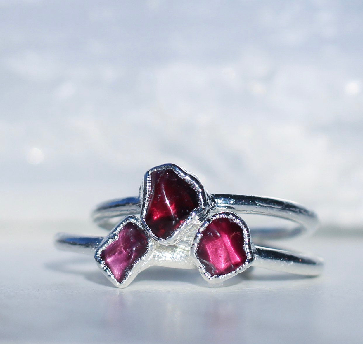 Raw Garnet Ring Silver Band, Tiny Garnet Stacking Ring, Rhodolite Garnet Ring, January Birthstone Gift for Her, Raw Birthstone Jewelry