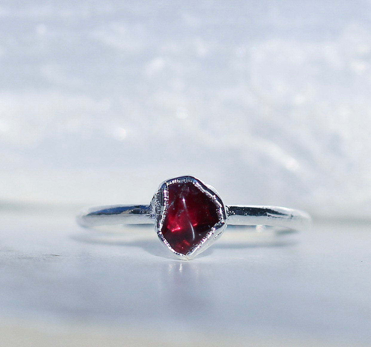 Raw Garnet Ring Silver Band, Tiny Garnet Stacking Ring, Rhodolite Garnet Ring, January Birthstone Gift for Her, Raw Birthstone Jewelry