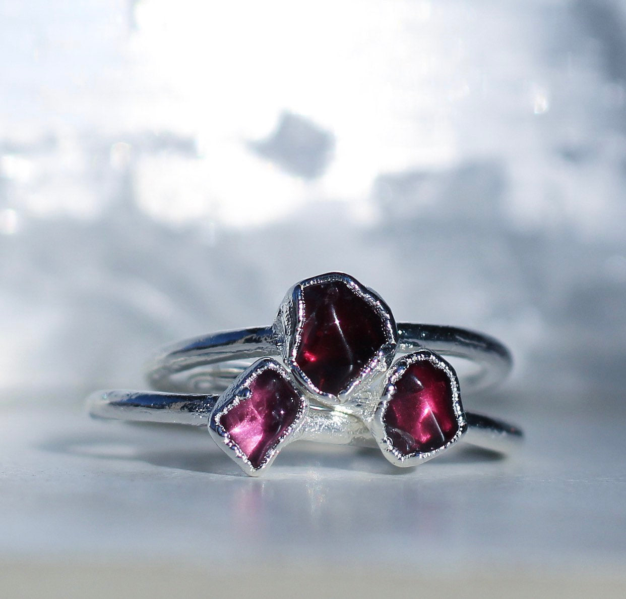 Raw Garnet Ring Silver Band, Tiny Garnet Stacking Ring, Rhodolite Garnet Ring, January Birthstone Gift for Her, Raw Birthstone Jewelry