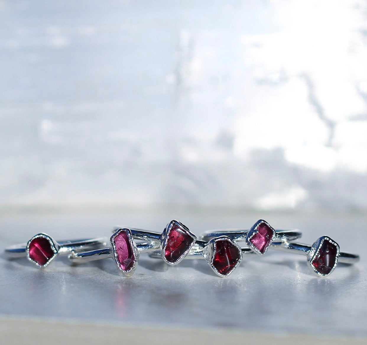 Raw Garnet Ring Silver Band, Tiny Garnet Stacking Ring, Rhodolite Garnet Ring, January Birthstone Gift for Her, Raw Birthstone Jewelry