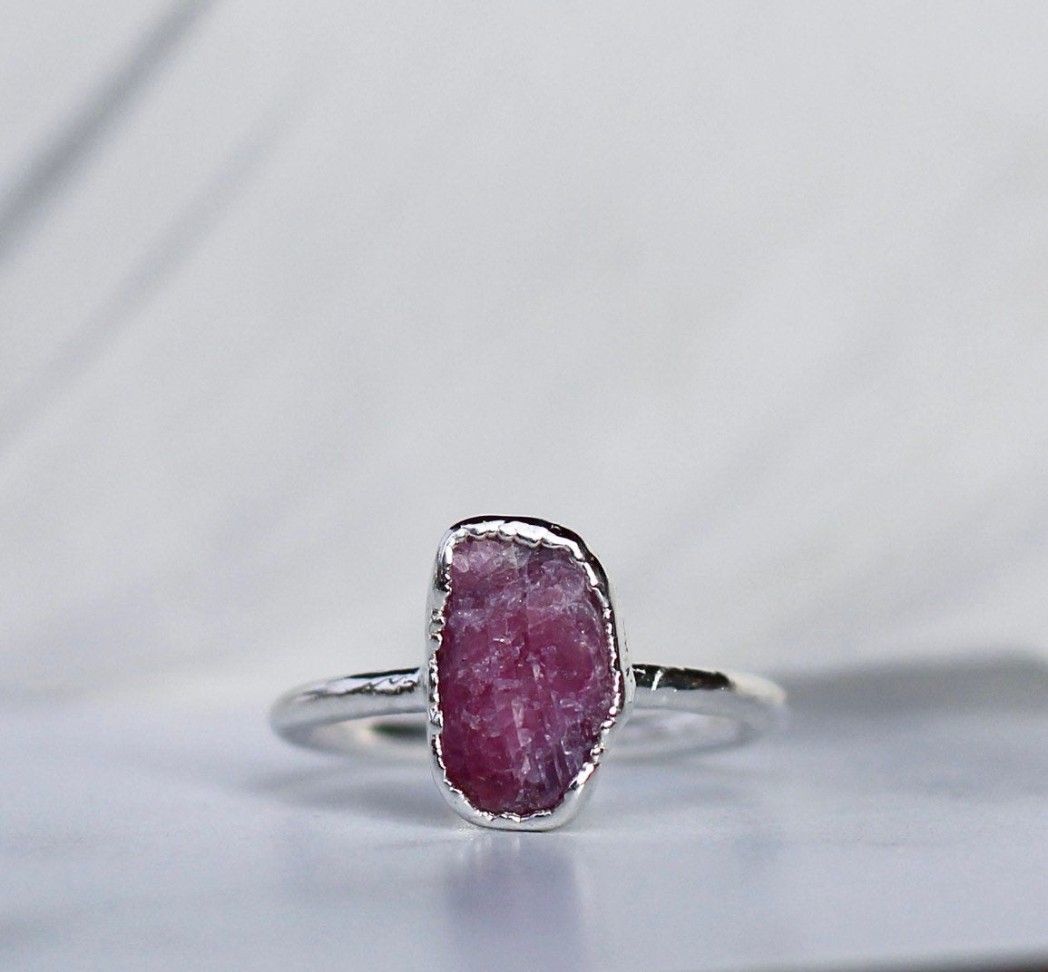 Raw Ruby Ring Silver, July Birthstone Ring Silver Band, Raw July Gemstone Ring, Raw Ruby Stone Ring, July Gemstone Gift, Gift for Her July