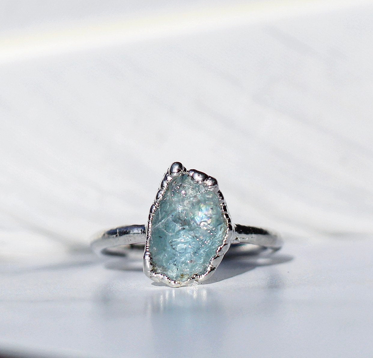 Rough Aquamarine Ring Silver, March Birthstone Silver Band, March Raw Gemstone Ring, Raw Aquamarine Stone Ring, March Birthday Gift for Her
