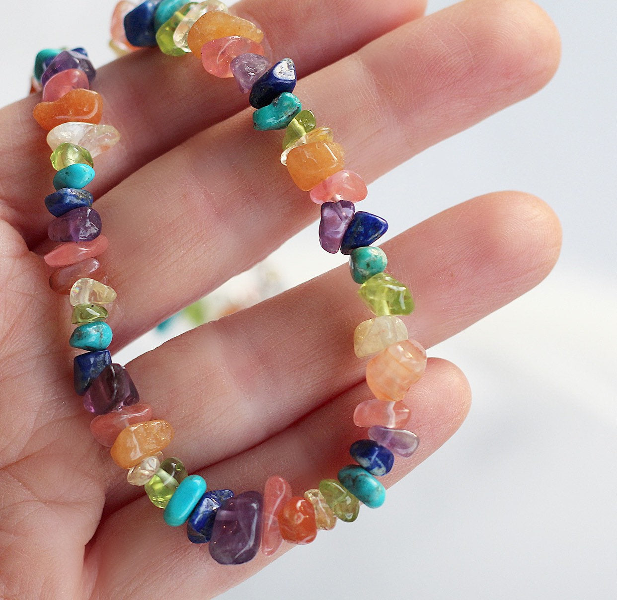 Rainbow Beaded Necklace, Puka Style Necklace, 90s Bead Necklace, Chakra Bead Necklace, Chakra Gemstone Necklace, Beaded Hippie Necklace