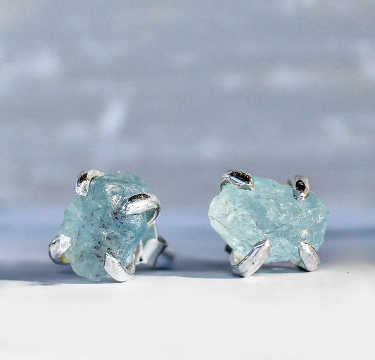 Raw Aquamarine Stud Earrings, Raw Crystal Stud Earrings, Rough Stone Earrings, March Birthstone Jewelry, Sterling Silver Stud, Raw Gem Stud