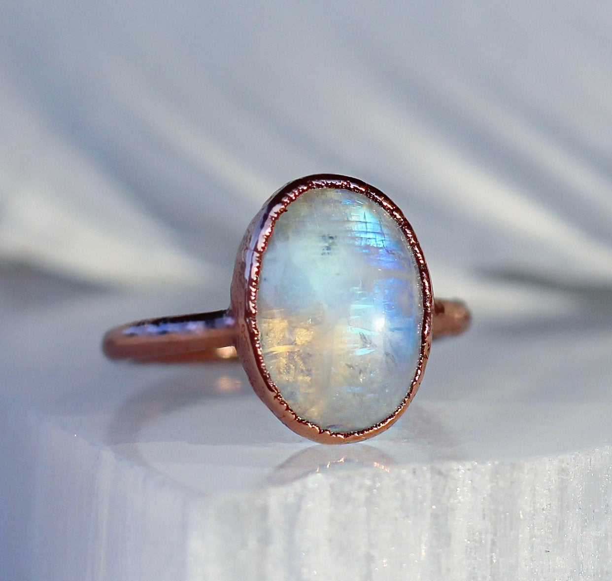 Moonstone Oval Ring, Moonstone Raw Stone, Big Raw Moonstone Ring, Rainbow Moonstone Ring, Moonstone Copper Ring, Raw Chunky Stone Ring