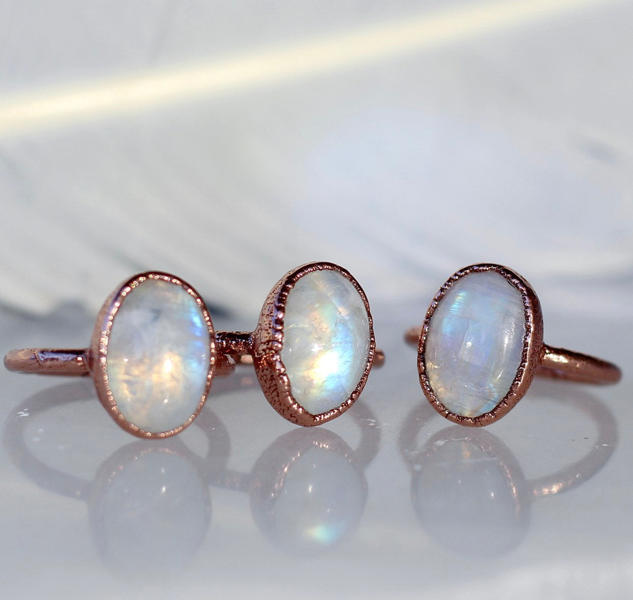 Moonstone Oval Ring, Moonstone Raw Stone, Big Raw Moonstone Ring, Rainbow Moonstone Ring, Moonstone Copper Ring, Raw Chunky Stone Ring